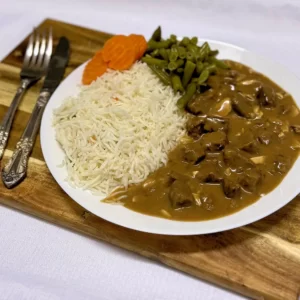 Beef Stroganoff with rice, beans, carrots