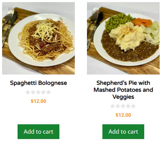 Meal list with price and Add To Cart button